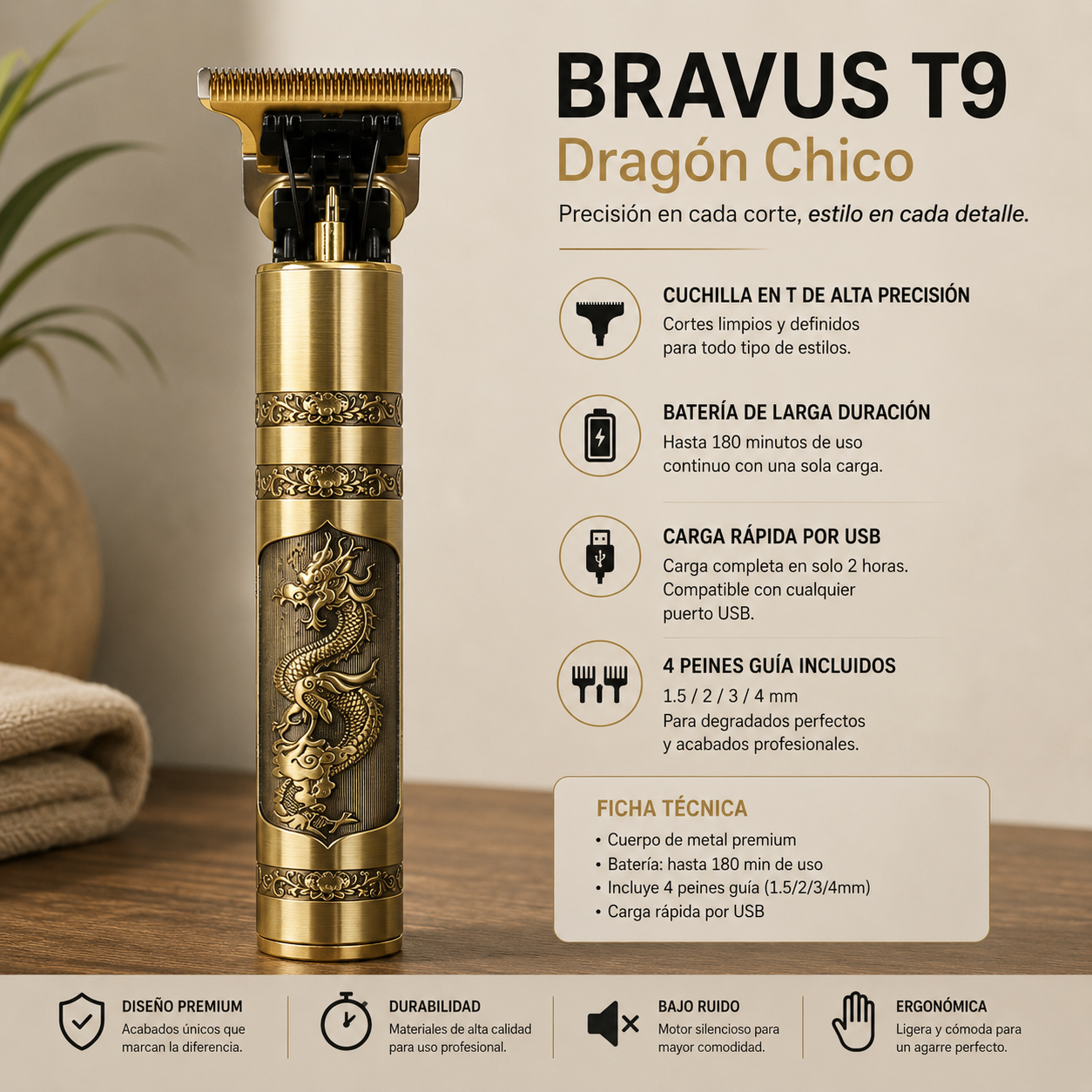 🐉 Corta pelos BRAVUS T9 Pro — Edición Dragón & Buda | Grabado a Mano